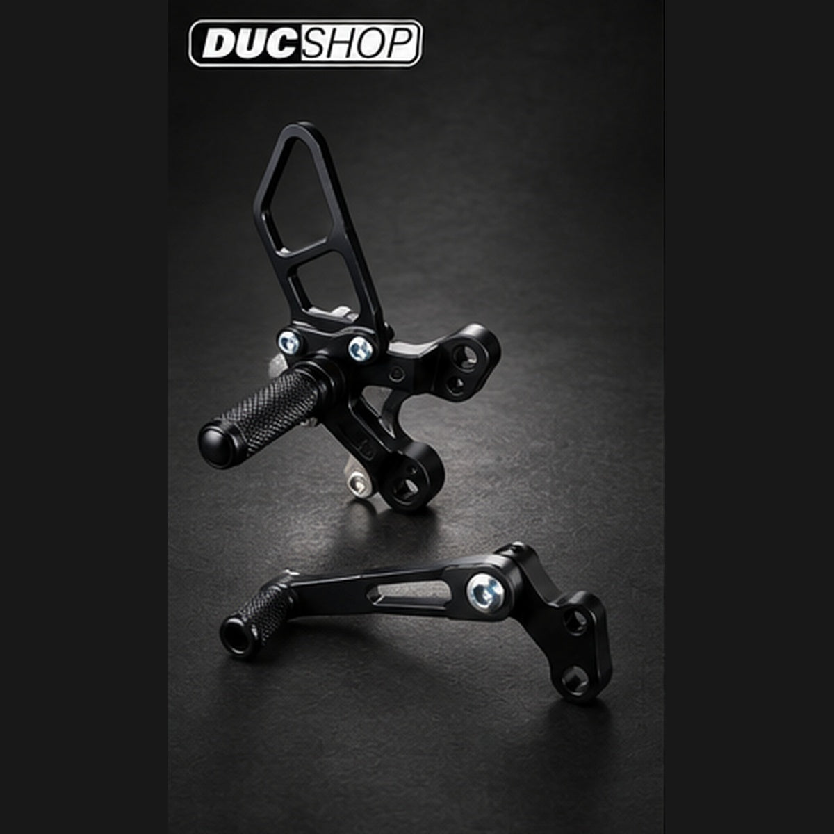 WOODCRAFT DUCATI 1198SP/848 EVO COMPLETE GP REARSET (FACTORY QS) WITH FOLDING TOE PIECES. SKU: 05-0641BX