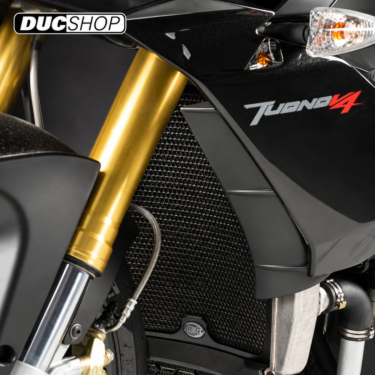 R&G Racing Radiator Guard for the Aprilia Tuono V4 R/Aprc '11-'20 / Tuono V4 1100 Factory/Tuono V4 1100 RR '11-'22 / Tuono V4 Factory Aprc '11-'15 | Radiator & Oil Cooler Guards | ducshop.com