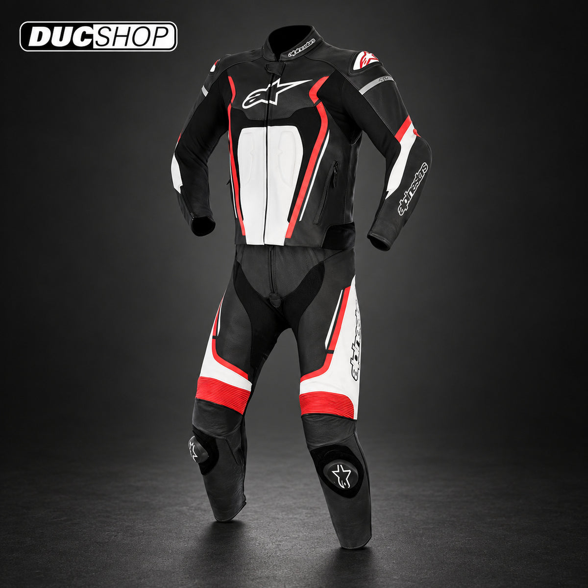 Alpinestars Motegi V2 2 Piece Leather Suit - Black/White/Red | Race Suits | DucShop