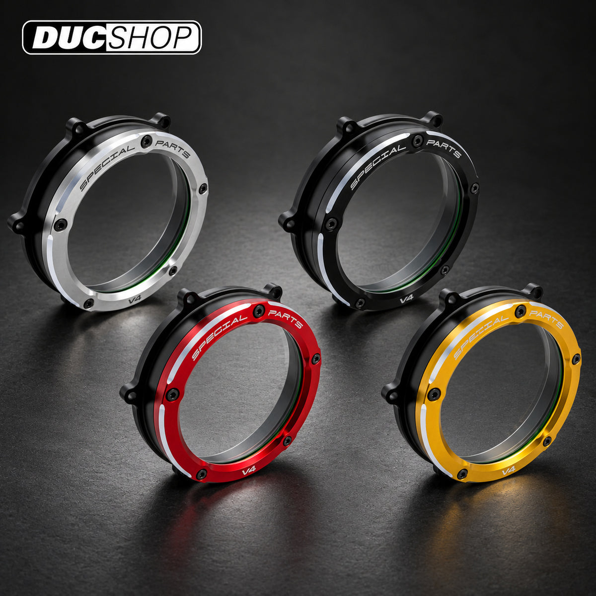 DBK Special Parts (Ducabike) Dual Color Clear Wet Clutch Cover for the Ducati Panigale / Streetfighter / Multistrada / Diavel V4 | Wet Clutch Covers | ducshop.com