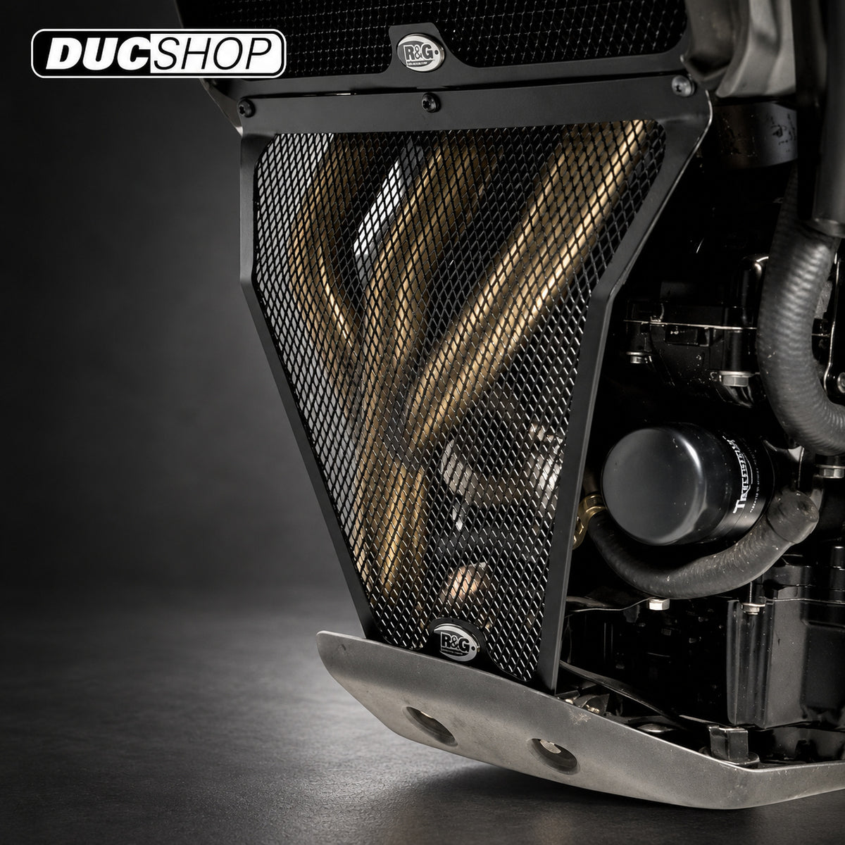 R&G Racing Exhaust header pipe grill for Triumph Tiger 800/800XC '11-'14 | Radiator & Oil Cooler Guards | ducshop.com