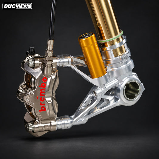 Motocorse and Ohlins Hypersport R&T FGRT 214 (BLACK) Forks with 108mm Billet Fork Lowers for Pressurized Ohlins front forks for Ducati Panigale / Streetfighter V4 S / R / Speciale, V2 S / R models | Black | Gold | SKU FGRT 214+102130148BG | DucShop