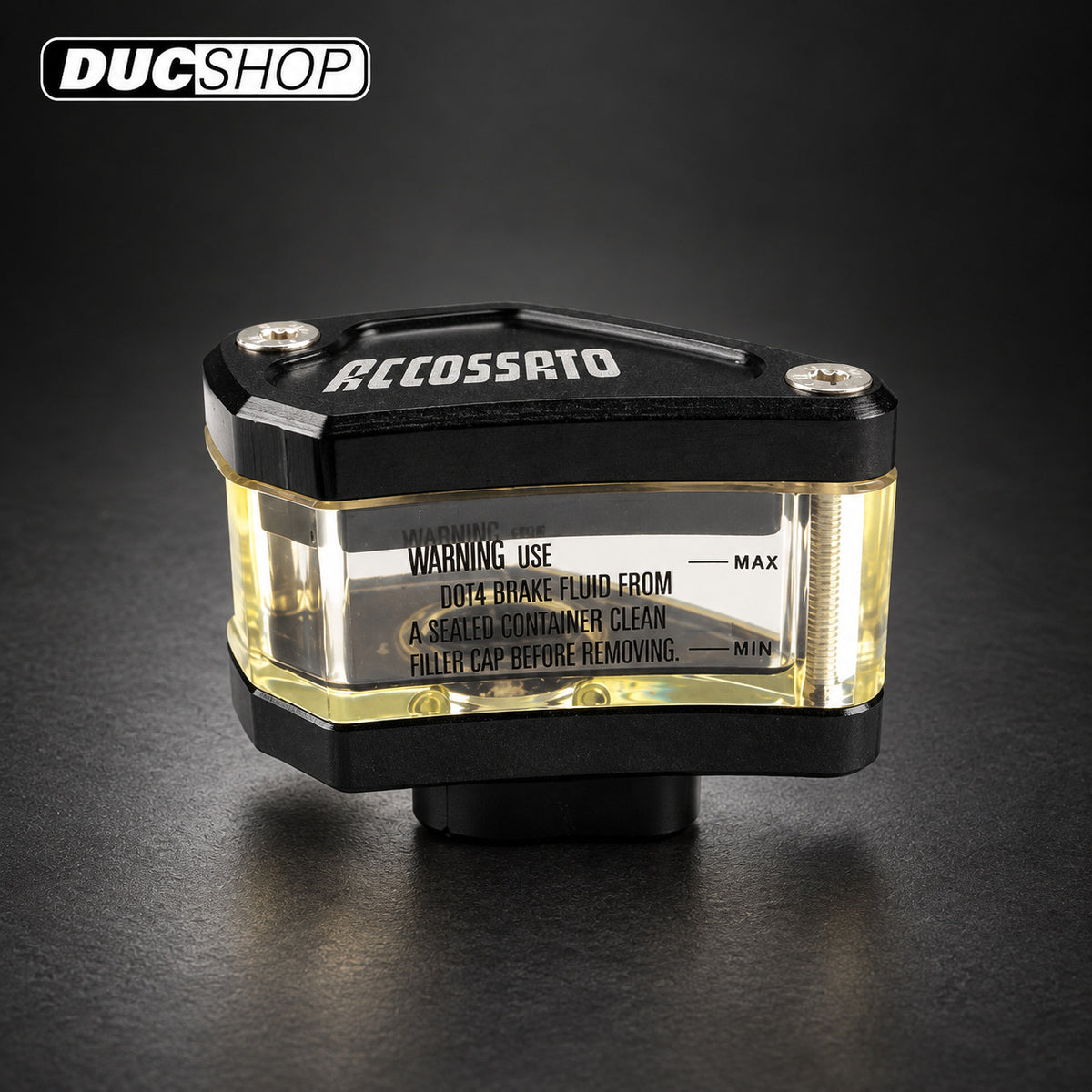 Accossato see-through fluid reservoir, 20 cmÂ³ Provided with Vertical and Horizontal Output Fittings and Bracket Not Included | Reservoirs | DucShop