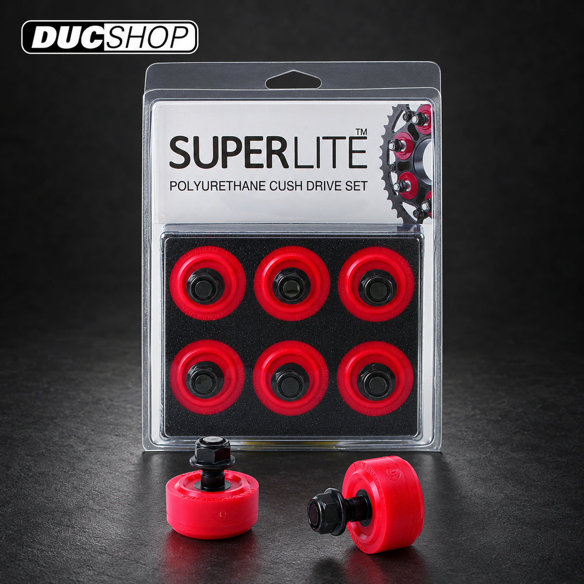 Superlite six-piece red polyurethane cush drive set with black nuts; additional pieces illustrate the design | Cush Drives | ducshop.com