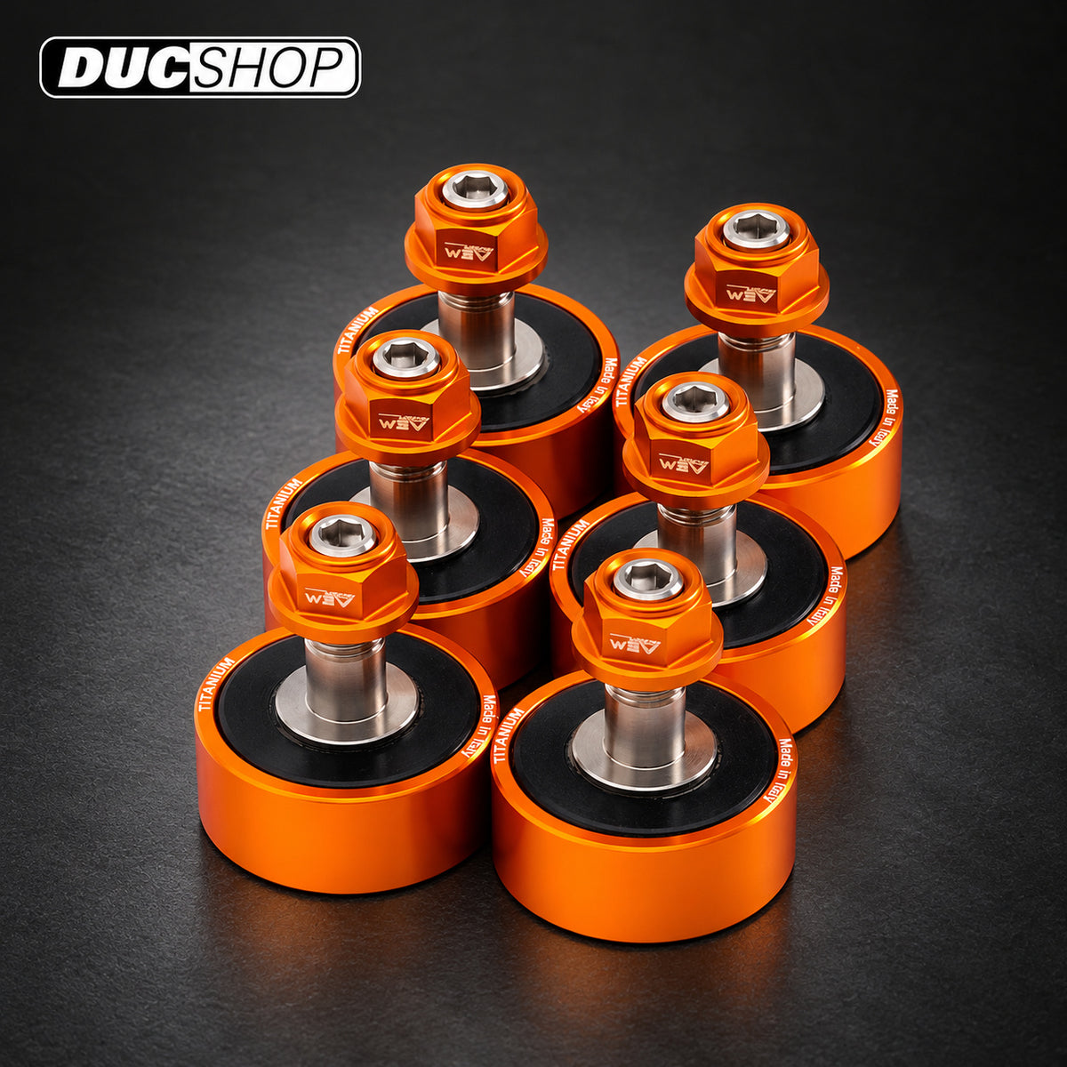 AEM six-piece KTM cush drive set with orange assemblies and matching nuts | Cush Drives | ducshop.com