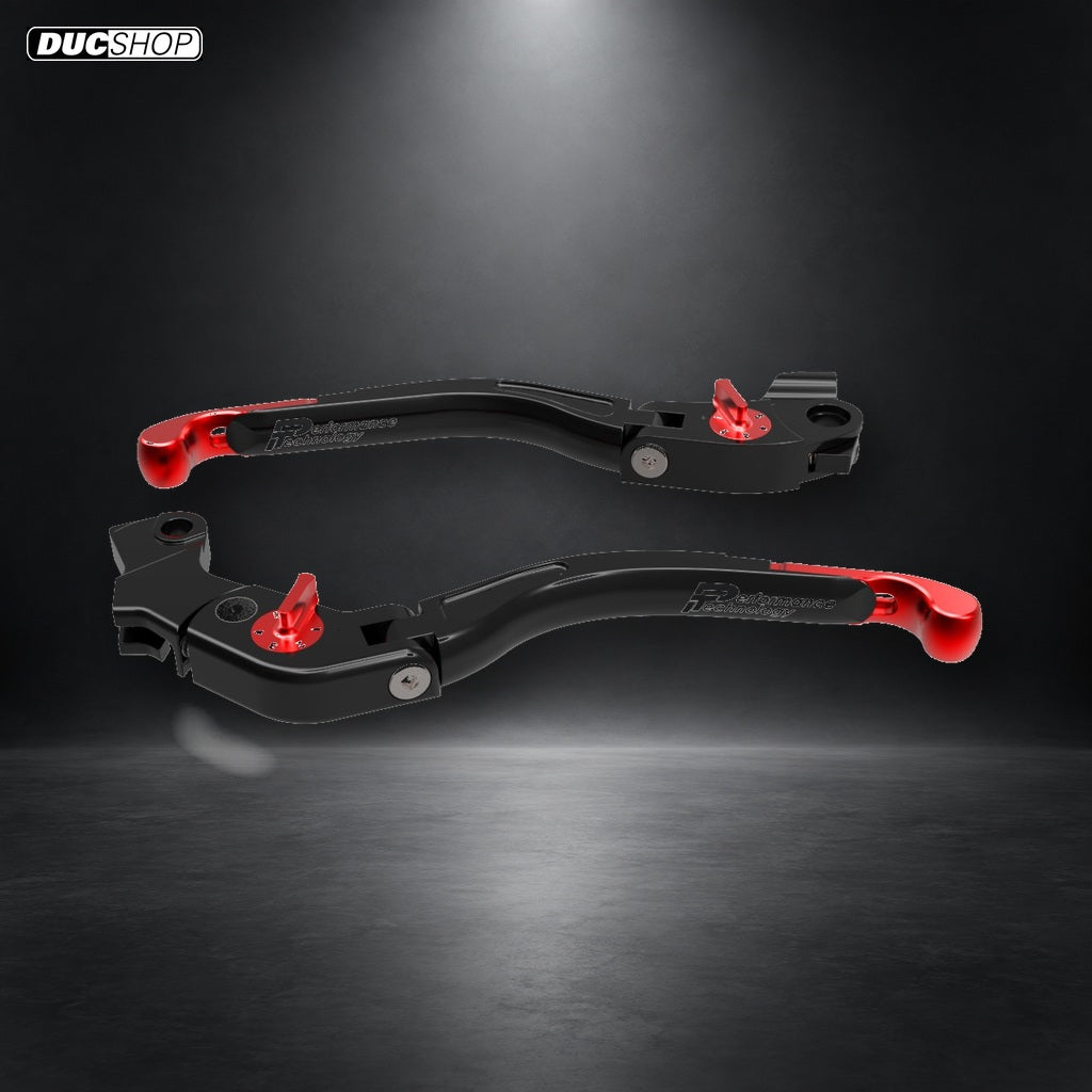 DBK Special Parts (Ducabike) Performance Technology ECO GP2 Folding Lever Set for the Ducati Monster 797 / 821, and Scrambler 2018+ - Red Adjuster and Lever Ends - DucShop