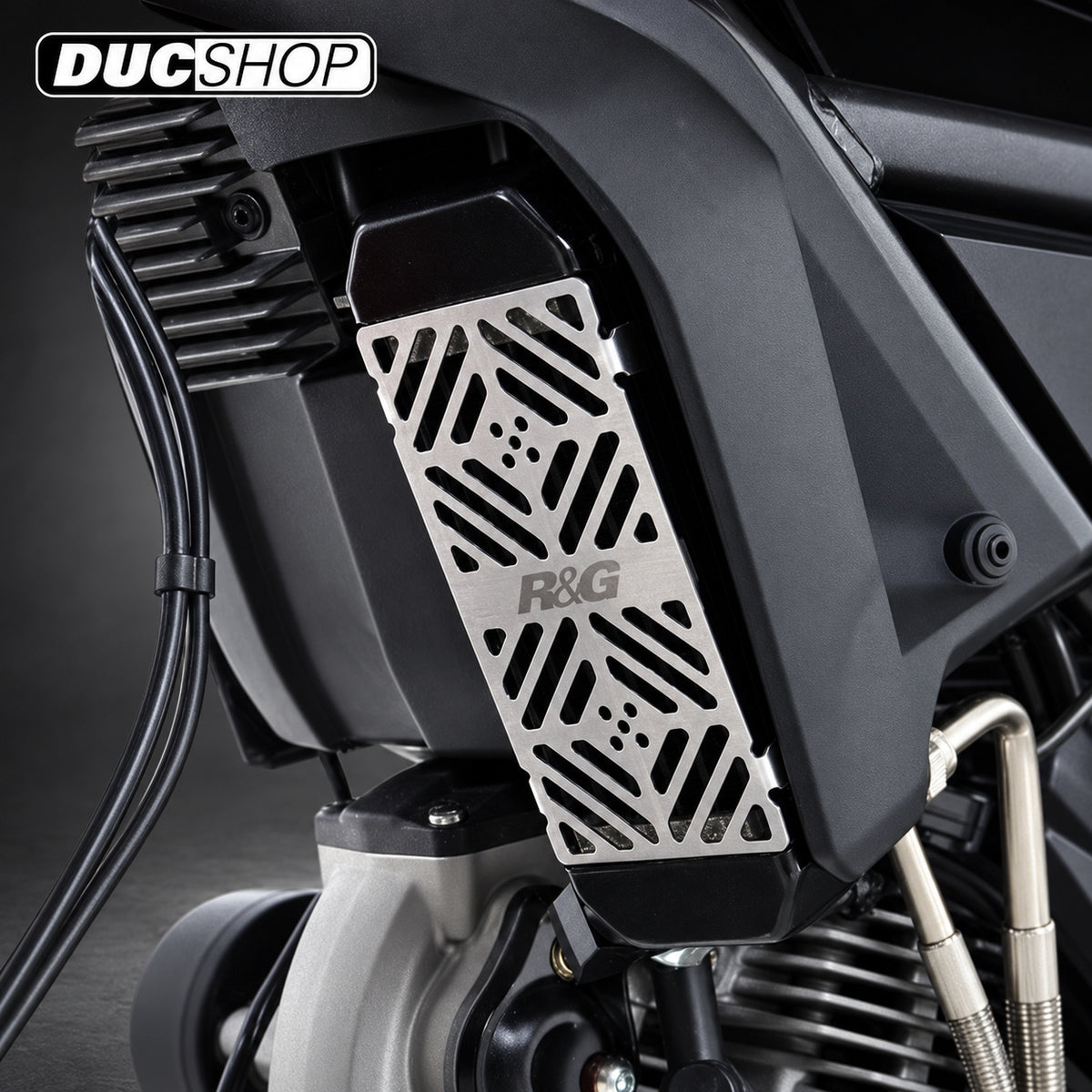 R&G Racing Oil Cooler Guard for Ducati Scrambler Classic '14-'20, Street Classic '18, Urban Enduro / Flat Track Pro '14-'18, Sixty2 '16-'21, Desert Sled '17-'22, Monster 797 '17-'21 | Radiator & Oil Cooler Guards | ducshop.com