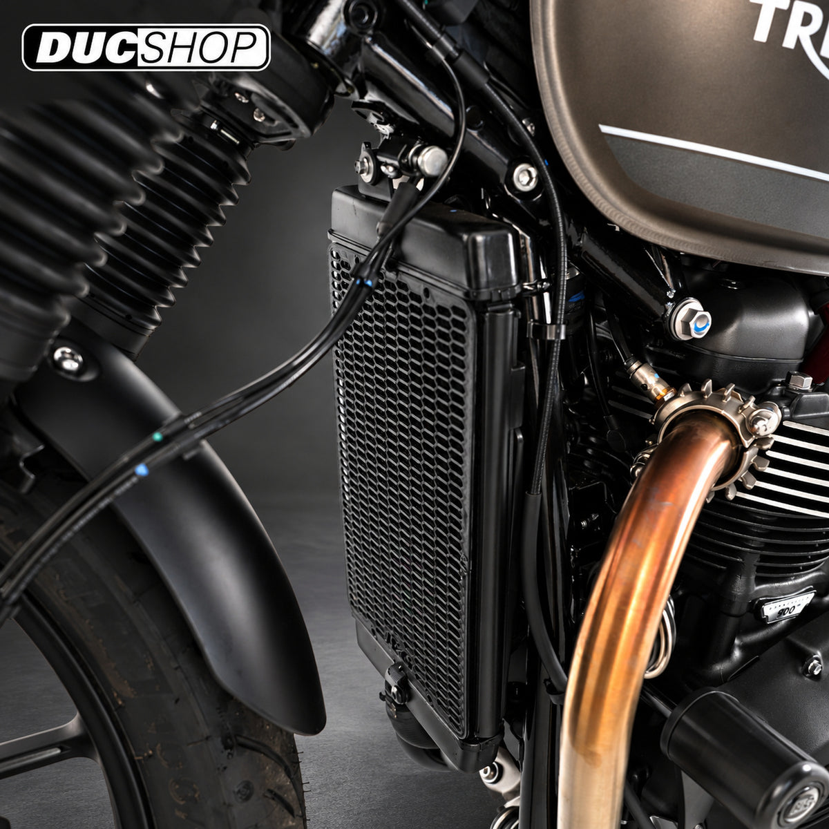 R&G Racing Pro Radiator Guard for the Triumph Thruxton 1200 / Bonneville T100 / Street Twin '16-23, Street Cup / Bonneville T100 '17-23, Speed Twin 1200 '19-21 and Speed Twin 900 '22-23 | Radiator & Oil Cooler Guards | ducshop.com